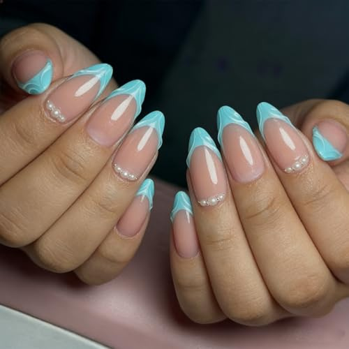 Tastetreasure 24 Pcs Green Almond Press on Nails with Glue Tabs, Glossy Light Blue Stiletto Fake Nails, Sweet Pure Desire Style Artificial Nails Kit with Nail File & Wood Stick for Women DIY