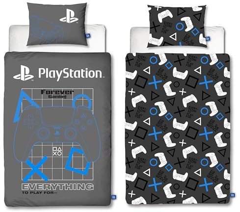 PlayStation offiziell Lizenziertes Einzelbettwäsche-Set | Gamers-Design, beidseitig verwendbar, inklusive passendem Kissenbezug | Perfekt für das Kinderzimmer | Polycotton