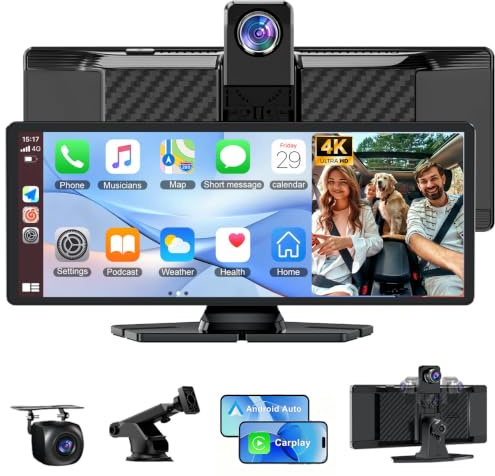 10.26 Carplay Screen for Car, Wireless CarPlay & Android Auto, 350° Rotating 4K Dash Cam & 1080P Rear Camera, Car Play Screen with Mirror Link, Navigation, Voice Assistant, Split Screen, 64GB TF Card
