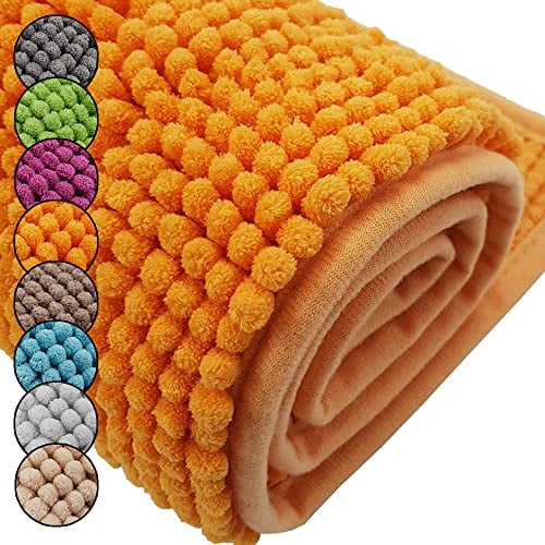 DILUMA Badematte Chenille 60x90 cm Orange Rutschfester Hochflor Badteppich Luxus Wellness Badvorleger Saugfähig und Flauschig