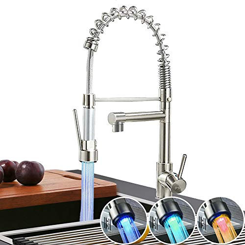 LED Grifo Cocina Latón Níquel Cepillado Grifo Cocina Extraíble Con Caño 360° Giratorio 2 Funciones Grifo Mezclador Para Agua Fría Y Caliente Grifos Fregadero