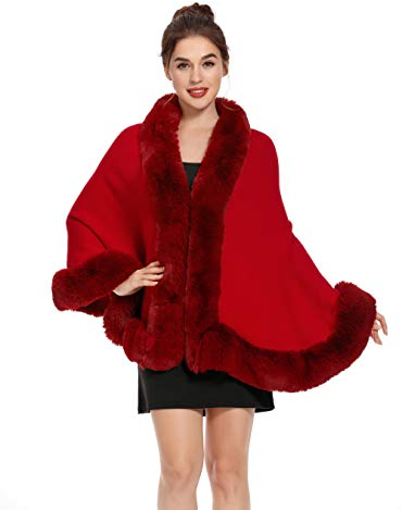 ZLYC Damen Winter Kunstpelz Poncho Cape Strick Schal Stola Warm Cardigan (Rot),Einheitsgröße