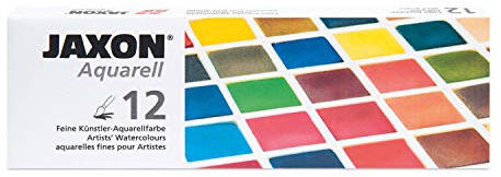 Honsell 89914 - Jaxon Aquarellkasten mit 12 halben Näpfchen, Metallkasten mit 12 feinen Künstler-Aquarellfarben und Platz für weitere 12 halbe oder 6 ganze Näpfchen