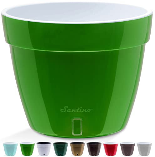 Santino ASTI 34CM Selbstwässernder Blumentopf mit Wasserstandsanzeiger - Rund Premium Qualität Innen Blumentopf für Anlagen, Blumen, Kräuter (Ø 34 cm, H 28 cm, 18L - Green-Gold/White)