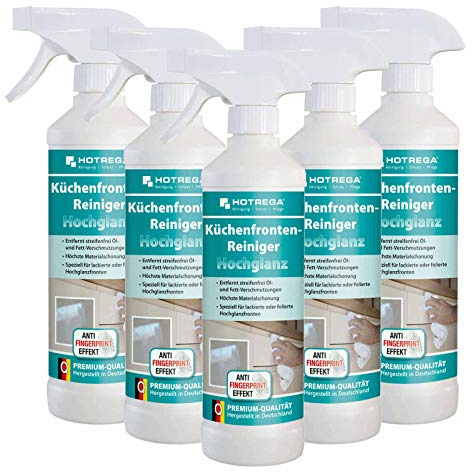 HOTREGA Küchenfronten Reiniger Hochglanz 5x 500 ml | Materialschonend | Streifenfreie Reinigung ohne Mikrokratzer | Anti-Fingerprint-Effekt | Für Lack, Folie, Glas, Edelstahl & Badmöbel