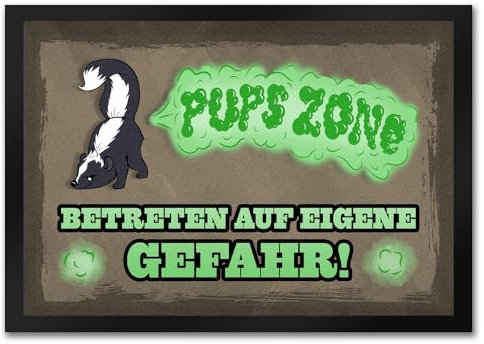 Pups Zone Betreten auf eigene Gefahr Fußmatte mit süßem Comic-Stinktier für streng riechende Zimmer und Toiletten als lustige Warnung