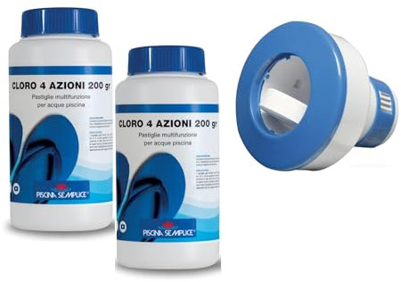 Cloro Kit Trattamento Acqua Piscina (Cloro + Dispenser Cloro), Cloro 6 Azioni 5 Pastiglie da 200gr Depuro Sicuro + Dispenser Dosatore NP4013 (1 Kg)