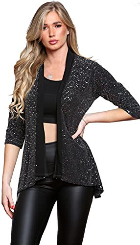 H&F Girls Womens Ladies Waterfall Open Drape Long Sleeve Sparkling Glitter Shiny Sequins Laurex Cardigan Novelty Party Top Floaty Duster Coat Blazer Dress Plus Size 14-28 (18, Glitter Red)