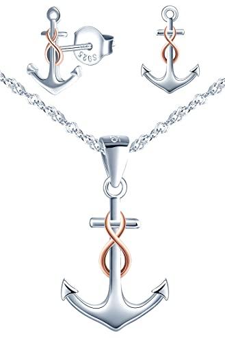 Yumilok Damen Halskette Damen Ohrringe 925 Sterling Silber Rosegold Forever Love Frauen Ohrstecker Anker mit Anhänger Schmuckset für Damen