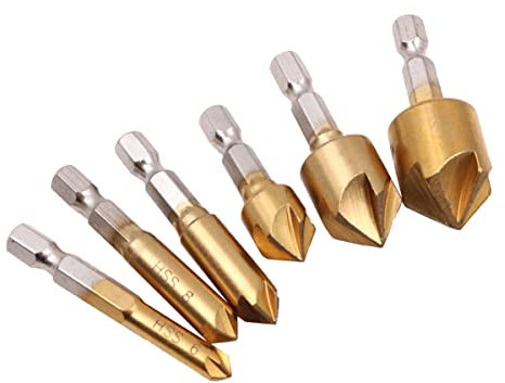 ZONADAH 6-teiliges Set Senkbohrer 5 Flöte 1/4 Zoll Sechskantschaft 90 Grad Titanbeschichtete Kante Fase Fräser Bohrer Größe: 6 mm, 8 mm, 9 mm, 12 mm, 16 mm, 19 mm