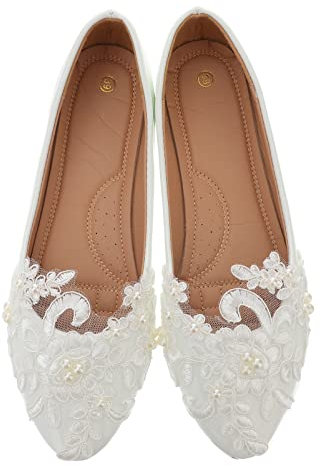 Happyyami Bridal Flat Shoes Women Wedding Flats Slip-on Lace Ballet Pumps Lightweight Comfortable Closed Toe Flats for Brides Party and Daily Wear White