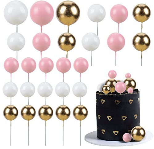 Gyufise 30Pcs Mini Balloon Cake Topper Foam Ball Cake Picks Cupcake Faux Pearl Balls DIY Cake Insert Topper Baking Decoration for Anniversary Graduation Birthday Party Baby Shower White Pink Gold