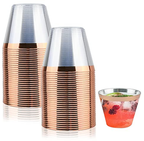 Lre Co. 60 Stück Plastikbecher, Trinkbecher Wiederverwendbar 255ml Plastik Becher Dessert Cups für Party Hochzeit Camping Picknick Dekoration (Transparent mit roségoldenem Rand)