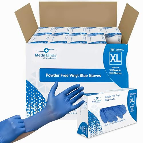 MediHands Vinyl Blue Vinyl Examination Gloves - Case of 1000 Disposable, Powder-Free, Latex-Free, Protein-Free Medical Gloves - Multi-Purpose, Single-Use
