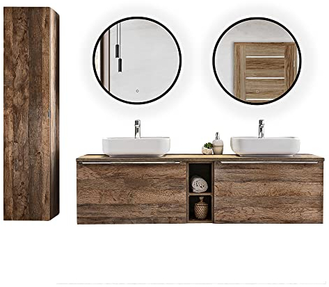 Lomadox Badmöbel Komplett Set, Vintage Oak Eiche, 180cm Waschtisch-Unterschrank mit Regal, 2 Keramik-Waschbecken, LED-Spiegel mit Hintergrundbeleuchtung, Hochschrank