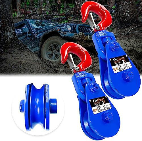 FITHOIST 2 tonnellate Snatch Block con Gancio | Puleggia da 7,6 cm per Fune Metallica da 3/8 Pollici | Blocchi di Strappo ad Alta Resistenza per Applicazioni di Traino e Recupero | Verricello per