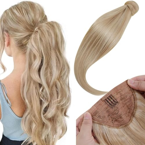 LaaVoo Extensions Echthaar Zopf Braun Blond Echthaar Pferdeschwanz Extensions Remy Menschliches Haar Hellgoldbraun Highlight Hellblond Invisible Ponytail Extensions Echthaar Glatt 70g #P12/24 35cm