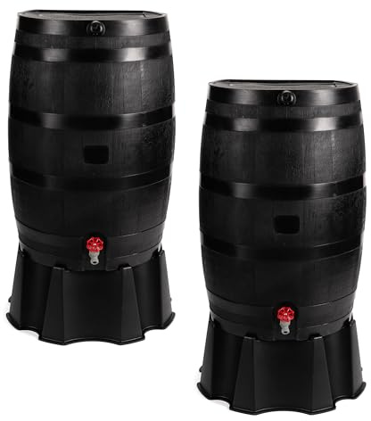 RTS Home Accents 50-Gallon ECO Rain Barrel Made with 100% Recycled Plastic, Flat Back Rain Water Collection Barrel, Stand and Link Kit Included, Black (2 Pack)