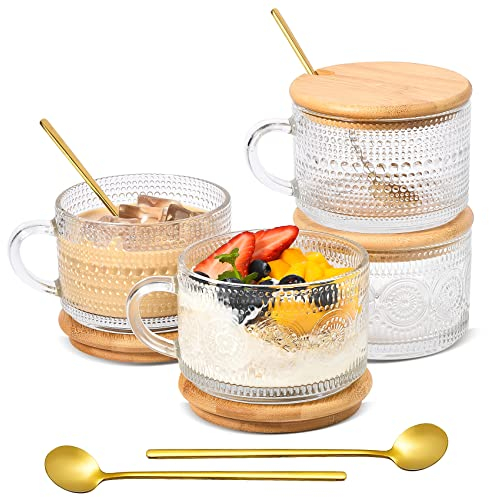 TIMIFTE Vintage set von 4 geprägten Kaffeegläser, Overnight Oats gläser mit Bambusdeckel und Löffel, 400ml Glas latte macchiato gläser, Latte, Getreide, Joghurt, Getränk, Klar
