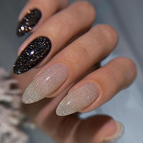 24 Stück Nägel Zum Aufkleben Mittellang, Mandel Französische Kunstnägel Press on Nails Schwarz & Weiß Glitzer Falsche Nägel Acryl Drücken Sie auf Nagelspitzen für Frauen und Mädchen