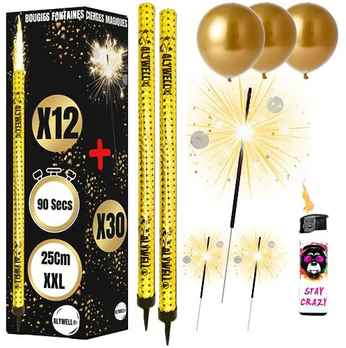 12 Bougie Fontaine XXL 25 CM-90/100 Seconde + 30 Cierge Magique +1 Briquet Bougie Anniversaire Fontaine + 10 Ballons Or- Feu D Artifice Mariage- Bougies Fontaine -Feu Bengale-Fontaine Lumineuse Gateau