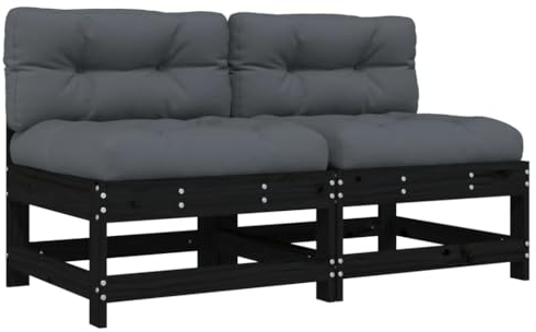 vidaXL Mittelsofa 2 STK., Gartensofa mit Kissen Latten-Design, Modular Sofa Garnitur für Garten Terrasse, Gartenmöbel Sitzgruppe Loungemöbel, Schwarz Massivholz Kiefer