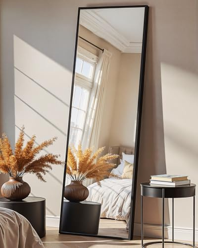 Specchio da terra a figura intera, grande specchio da pavimento con cornice in alluminio, per porta, camera da letto, bagno, soggiorno (56 x 15 cm, nero)