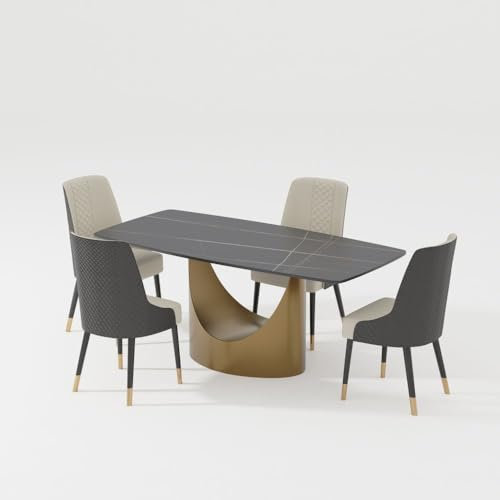 POVISON Essgruppen modern mit 4 Stühlen,esstisch stühle 4 Set,Esszimmertisch 180cm,Esstisch schwarz aus Sinterstein, Weiß Esszimmerstühle aus PU Leder für 4 Personen(Tisch + 4 Stühle)