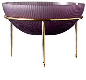 PTATT Purple Glass Fruit Bowl Art Glass Plates Round-Shaped Crystal Display Bowls with Metal Stand Storage Decorative Household Living Room Office Party Purple