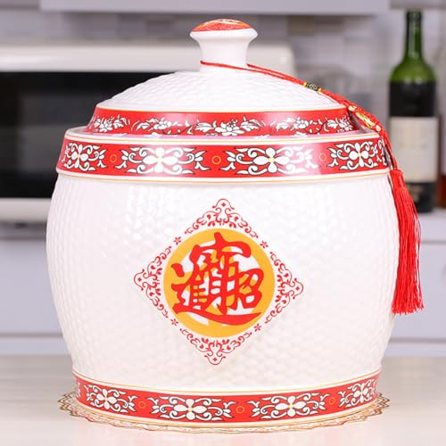 Sions Chinese Retro Ceramic Rice Bucket, Grain Dispenser, Food Storage Container with Lid, Sealed Rice Storage Jar, Suitable for Rice Noodles, Snacks,10kg