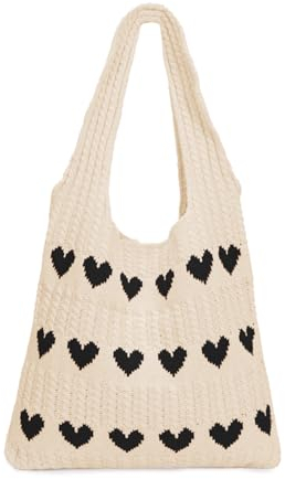 Gestrickte Umhängetasche Gehäkelte Einkaufstasche Herz Handtasche Hobo Bag Strick Tragetasche Häkeltasche Herz Strandtasche Tote Bag Teenager Mädchen Shopper Tasche (A7-Aprikose mit Schwarz)