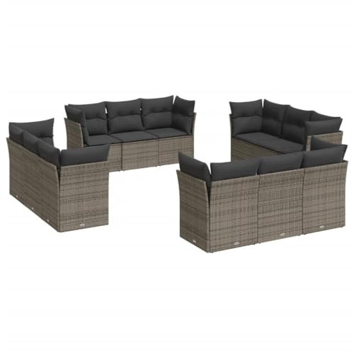vidaXL Garten Sofa Garnitur 12-TLG., Gartenmöbel Set mit Kissen Stauraum, Sitzgruppe für Garten Terrasse, Modular Gartensofa Lounge, Grau Poly Rattan