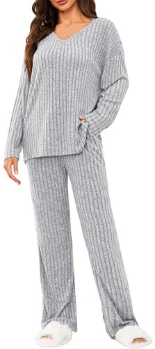Tuopuda Conjunto Dos Piezas de Tejido Mujer,Casual Punto Tops manga larga de Cuello en V y Pantalones con Bolsillos Suelto Chándales para mujer Talla grande(Gris claro,M)