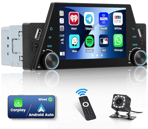 Hikity 5 Pouces Autoradio 1 Din Carplay Android Auto Écran Tactile Poste Radio Voiture Bluetooth avec EQ FM Radio Mirror Link USB SWC Type-C Caméra de Recul