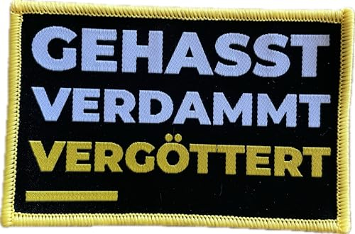 Heidenklamotten - GEHASST VERDAMMT VERGÖTTERT Aufnäher/Patch zum Aufnähen oder Aufbügeln | Passend für Böhse Onkelz Musik-Fanbekleidung (Gelb)