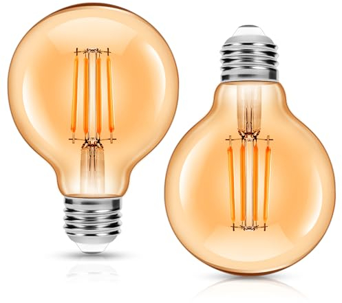 Edison Vintage Glühbirne E27, 80mm Durchmesser, G80 E27 LED Filament Lampe, 4W Ersetzt 40W Glühlampe 400LM, 2200K Warmweiß Led, Bernsteinfarbenes Glas für Retro Beleuchtung, Nicht Dimmbar, 2 Stück