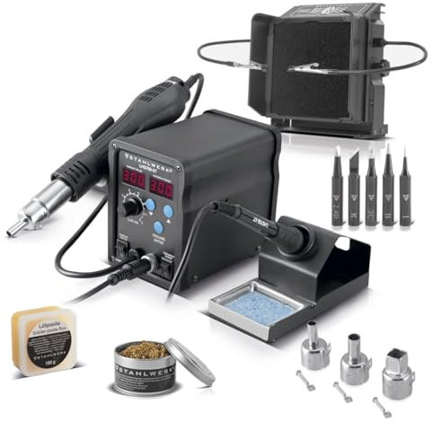 STAHLWERK Lötstation LHS750-ST mit 750 Watt im Komplett-Set | 2-in-1-Heißluft-Lötstation | Lötgerät | Lötkolben mit Lötabsaugung, Lötkolbenspitzen, Lötkolbenreiniger und Lötpaste