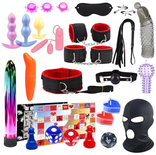 BDSM Sex Bondage Fesseln Sex Spielzeug, Perfekt Bondage Set 24 Stück, Analplug Anal Dildo & Handschellen Sex Bett Choker Augenmaske Peitsche Nippelklemmen Knebel, SM Sexspielzeug