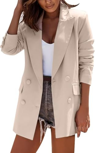 Blazer Elegante da Donna Estivo Casual da Lavoro Doppiopetto Blazer Casual Moda da Donna Ampio da Ufficio Monocromatico (Beige,S)