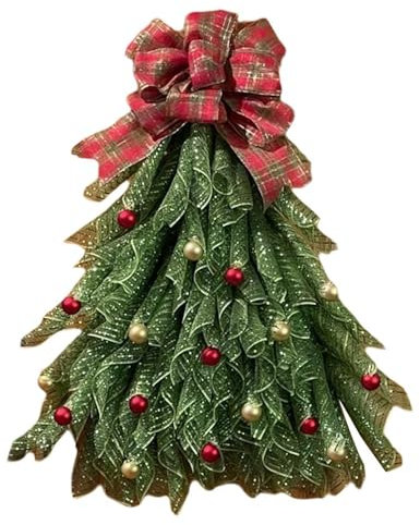 Handmade Christmas Tree Wreath for Front Door, Triangle Christmas Tree Wreath, Bow Mailbox Wreath with LED Lights, Pre-Lit Christmas Tree Wreath for Decorating Outdoor