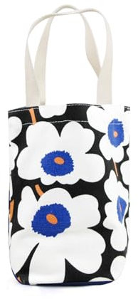 FuninCrea Canvas-Tragetasche, wiederverwendbare Einkaufstasche, leichte kleine Handtaschen für Damen, mit verdickten Griffen und Blumenmuster für Thermobecher, Kaffeetasse, Lunchboxen, Schwarz ,