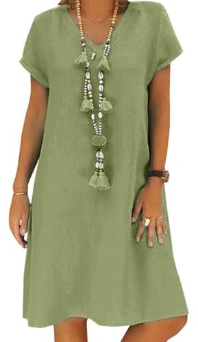 Women's Dress Summer Linen Dresses Casual V Neck Midi Dress Short Sleeve A-line Dress Sundress Tunic Dress Without Accessories (A Green, M)