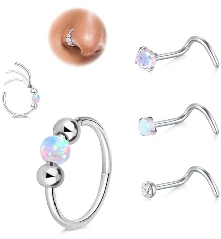 LAURITAMI 18G Opal Nasenpiercing Ring Dünn, 20G Chirurgenstahl Spirale Nasenpiercing Stecker,Ohr Septum Piercing Ring Nasenring Piercing Weiß Set Nostril Tragus Conch Clicker