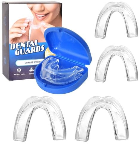 4 Stück Knirscherschiene für Nacht, 2 Größen Mundschutz zum Zähneknirschen, Aufbissschiene Mit Einer Speicherbox, Komfort Silikon Zahnschiene Mundschutz, Schnarchschiene für Anti Schnarch, Beißschiene