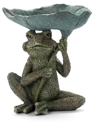 Napco Imports Dekorative Vogeltränke oder Wildtier-Futterstation für Haus oder Garten, 22,6 x 25,4 cm, grüner Frosch unter Blatt