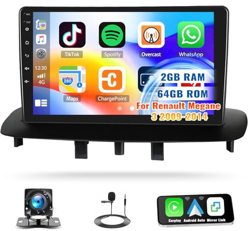 2G+64G GOHHDL Android 13 Radio Coche para Renault Megane 3 2008-2014 con Carplay Android Auto Inalámbrico, 9 Pulgadas Pantalla Táctil con Mirror Link GPS Navi WiFi Bluetooth FM/RDS EQ Cámara&Mic