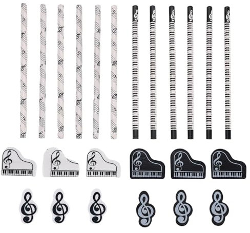 ivamulie Musikstifte, Musiknoten-Bleistift mit Radiergummis zum Thema Musik, Holzstifte, GroßPackung, Tastatur, Lustige Bleistifte, Radiergummis, Geschenk (24 StüCk)