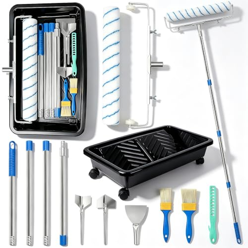 18in Mikrofaser Farbroller Set, Bewegliche Farbwanne mit Rädern, Verstellbarer 12-20in Streicheltrahmen & Verlängerungsstange 1,6M, Komplettes Streicheltenset mit Pinseln & Spachtel für Wände, Decken