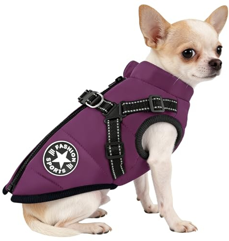 Waterproof Dog Coat with Legs, Warm Winter Waterproof Jacket for Dogs, Dog Jacket with Harness for Medium Dogs (Purple M)