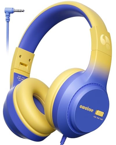 awatrue Kids Headphones, Wired headphones Kids with 74/85/94db Safe Volume, 3.5mm jack, Adjustable Headband, Foldable Over Ear Toddler Headphones for Plane/School/Travel/Tablet/Gifts (Blue Yellow)